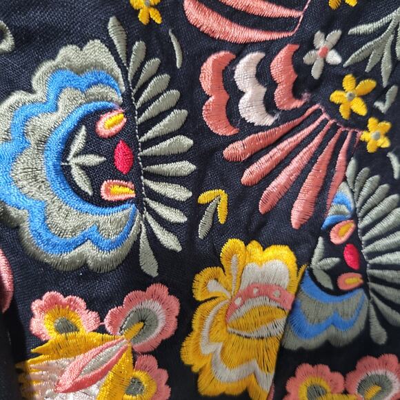 Black Linen Pant Embroidery Border Hem Floral Elastic High Waist Straight Medium - Picture 4 of 14
